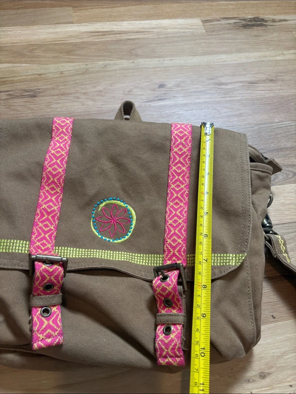 American Girl Brown Canvas Crossbody with Pink Patterned Straps